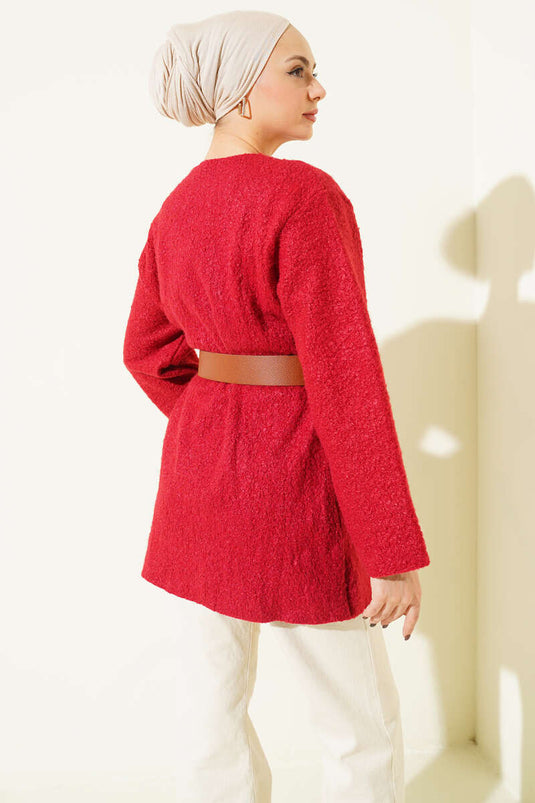 تونيك من قماش بوكليه بحزام عريض أحمر