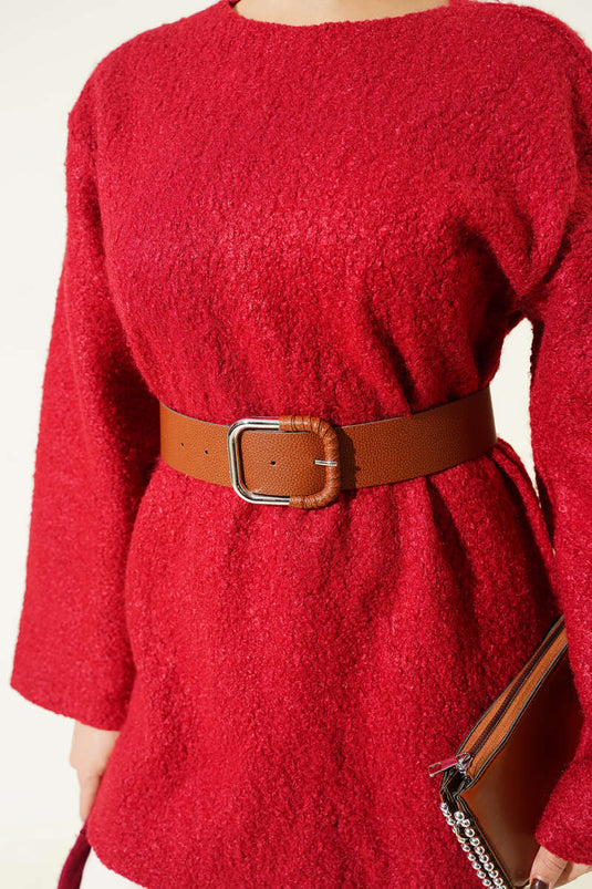 Tunic with Wide Belt in Bouclé Red