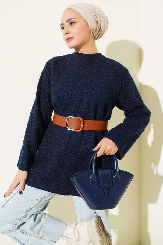 Wide Belted Bouclé Tunic Navy Blue