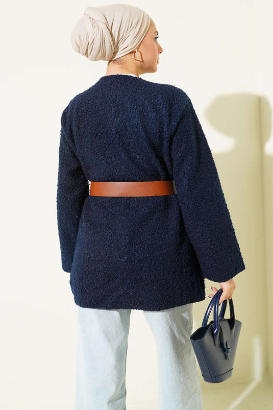 تونيك من قماش بوكليه بحزام عريض باللون الأزرق الداكن