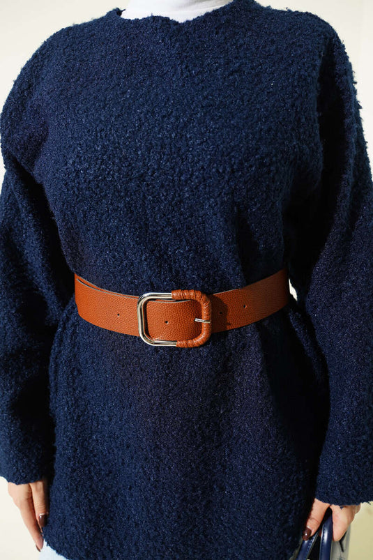 Wide Belted Bouclé Tunic Navy Blue