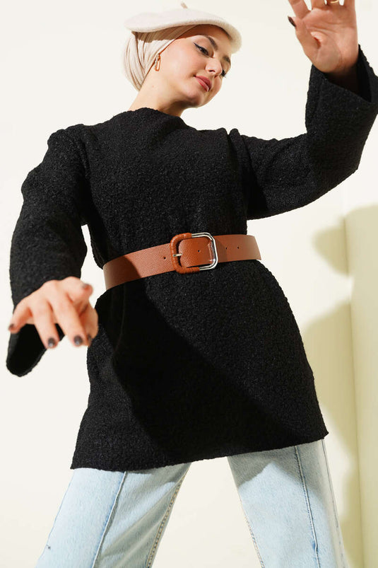 Wide Belted Bouclé Tunic Black
