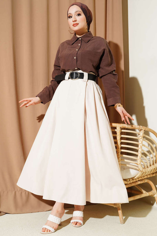 Jupe Plissée En Tencel Beige Avec Large Ceinture