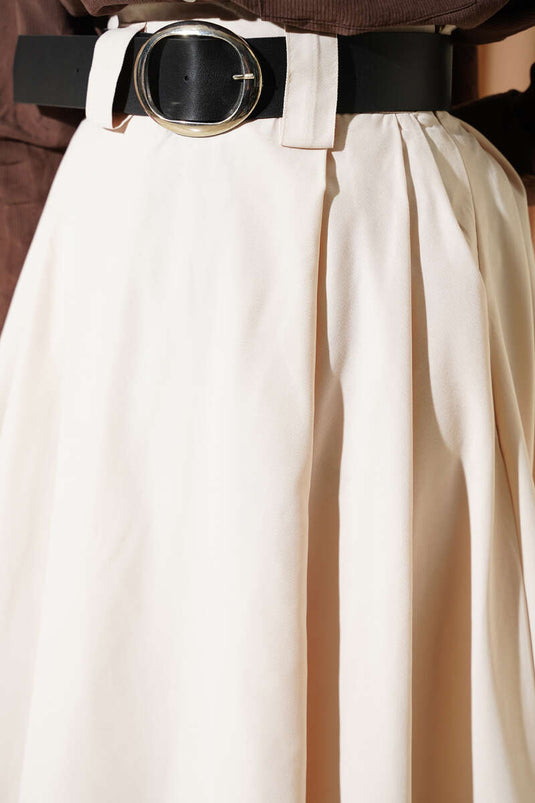 Jupe Plissée En Tencel Beige Avec Large Ceinture