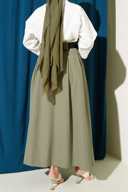 Wide Belted Pleated Tensel Skirt in Pistachio Green