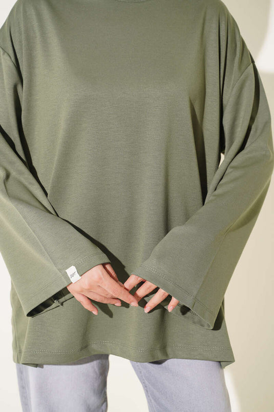 Weite Ärmel Stickerei Tunika In Khaki