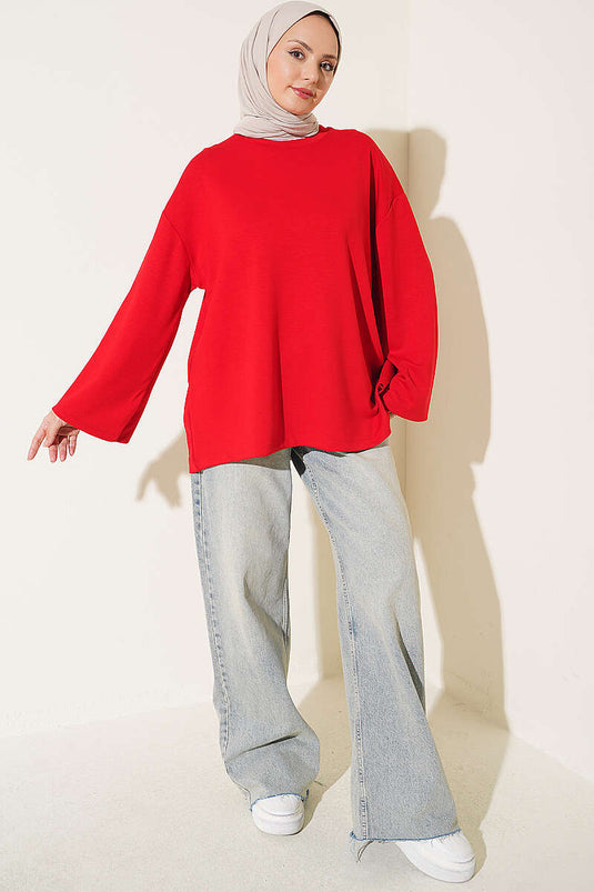 Red Loose Sleeve Embellished Tunic