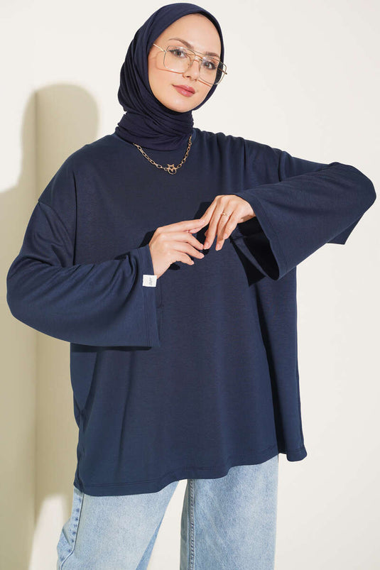 Loose Sleeve Embroidered Tunic Navy