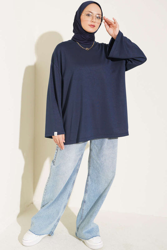 Loose Sleeve Embroidered Tunic Navy
