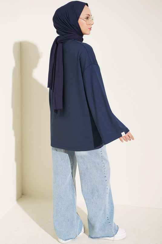 Loose Sleeve Embroidered Tunic Navy