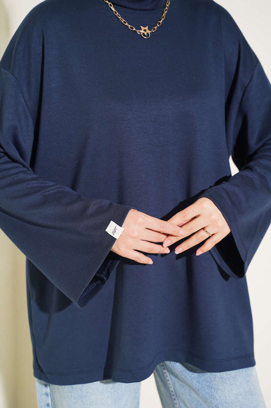 Loose Sleeve Embroidered Tunic Navy
