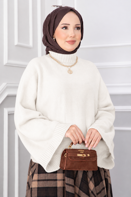 Kurzer Grobstrick-Pullover Mit Weiten Ärmeln Ecru
