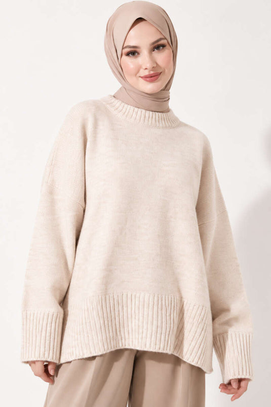 Beige Großer Ärmel Rippstrick Tunika