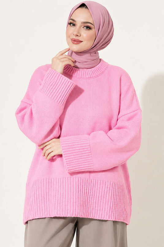 Geniş Kol Ribanalı Triko Tunik Pembe