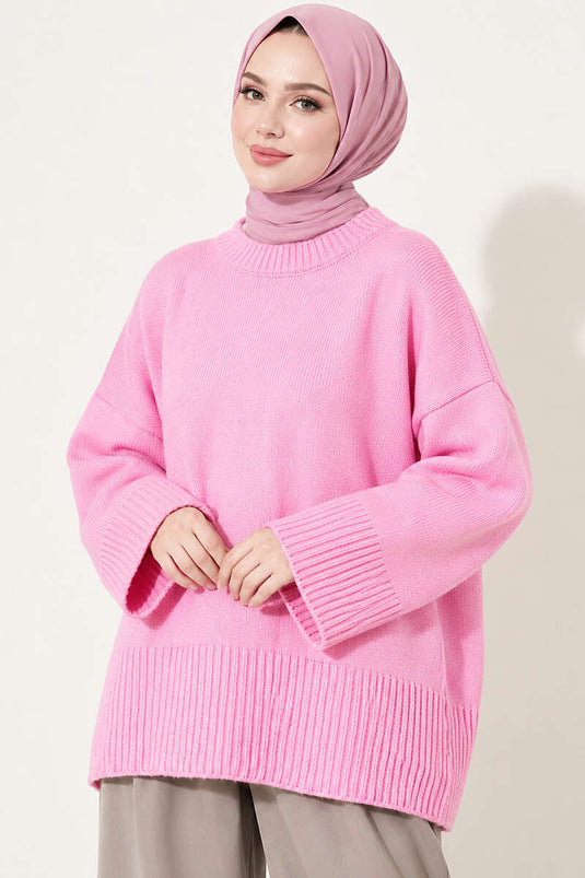 Geniş Kol Ribanalı Triko Tunik Pembe