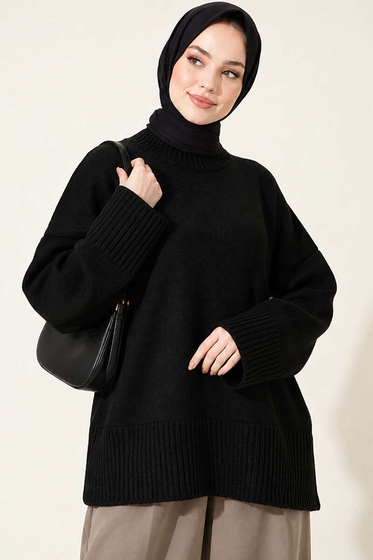 Black Wide Sleeve Ribbed Knit Tunic