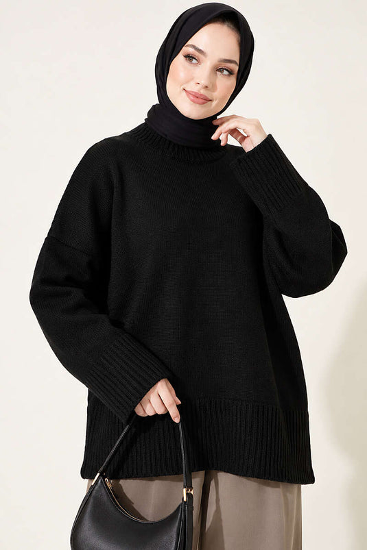 Black Wide Sleeve Ribbed Knit Tunic