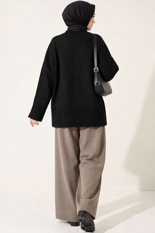 Black Wide Sleeve Ribbed Knit Tunic
