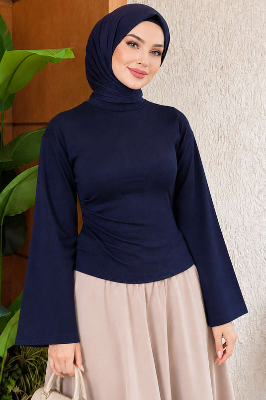 Blusa Blu Navy Con Maniche Ampie E Ruches Laterali