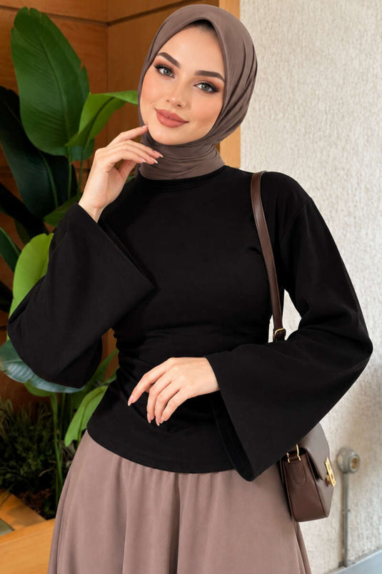 Blusa Nera Con Maniche Ampie E Ruché
