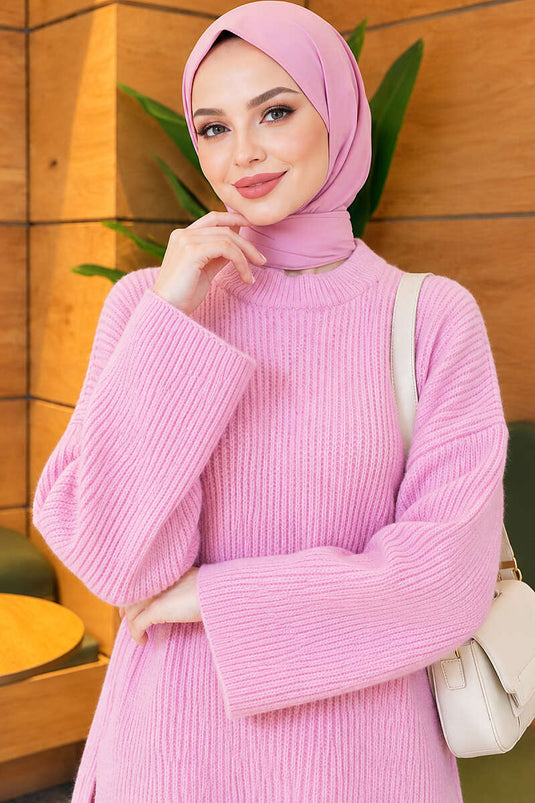 Geniş Kollu Düz Triko Tunik Pembe