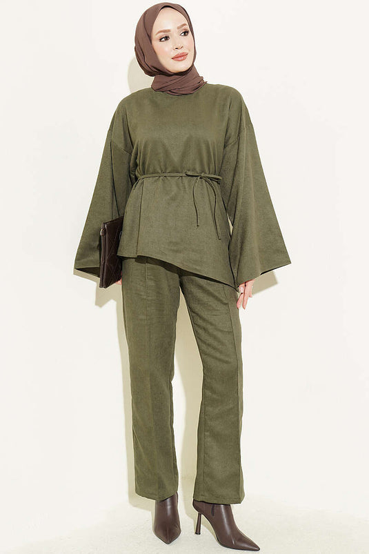 Completo Due Pezzi Con Cintura E Maniche Larghe In Khaki