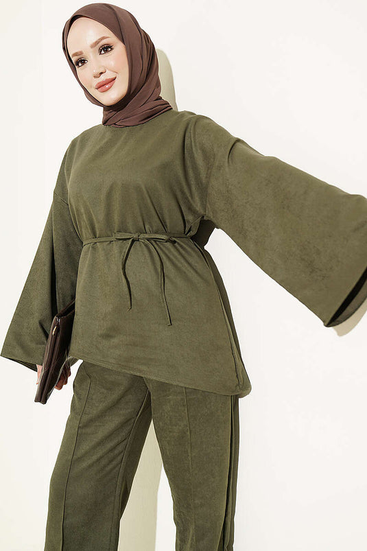 Completo Due Pezzi Con Cintura E Maniche Larghe In Khaki