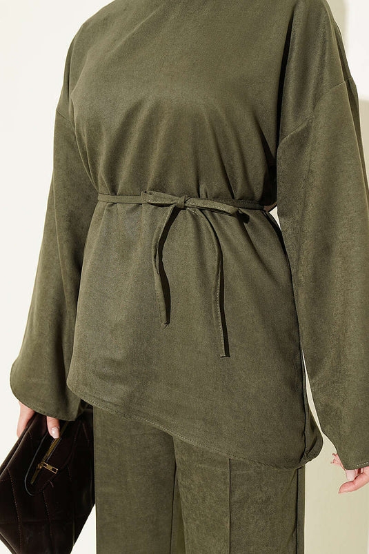 Completo Due Pezzi Con Cintura E Maniche Larghe In Khaki