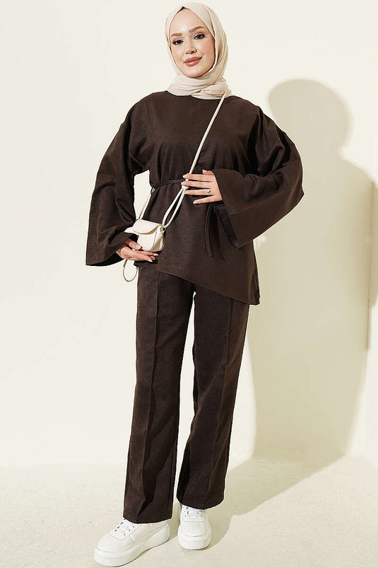 Ensemble Deux Pièces À Ceinture Et Manches Amples Marron