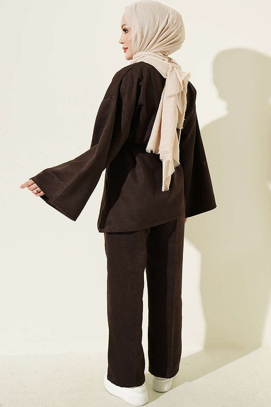 Ensemble Deux Pièces À Ceinture Et Manches Amples Marron