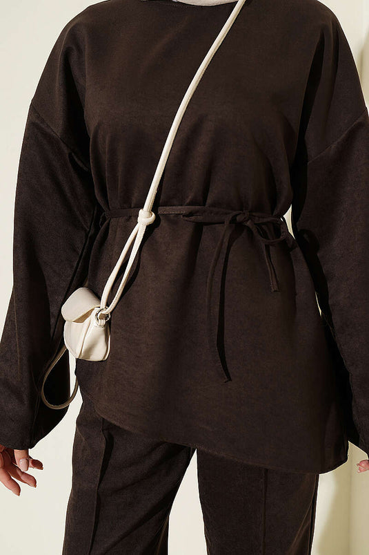 Ensemble Deux Pièces À Ceinture Et Manches Amples Marron