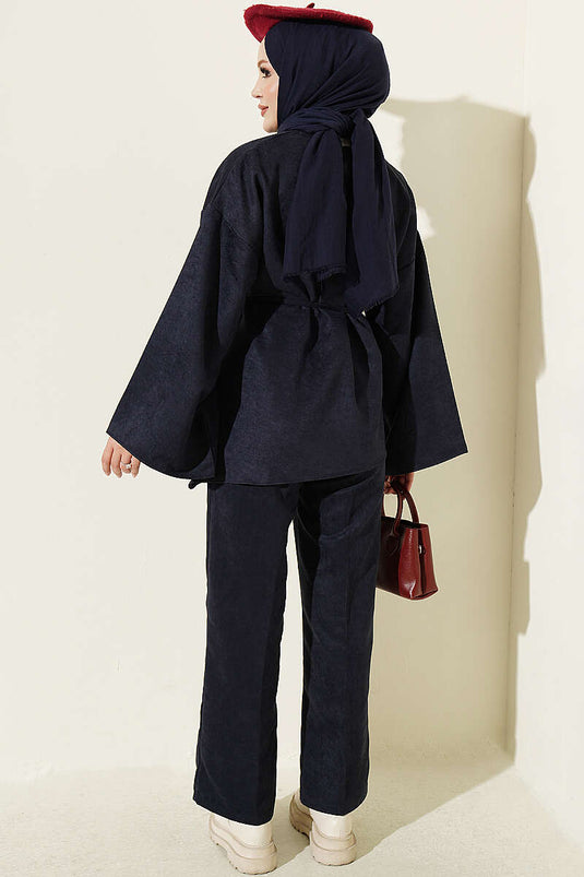 Completo Due Pezzi Maniche Ampie E Cintura Blu Navy
