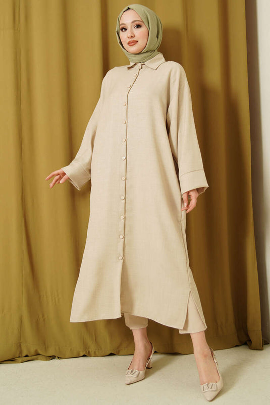 Beige Oversized Long Shirt with Wide Sleeves