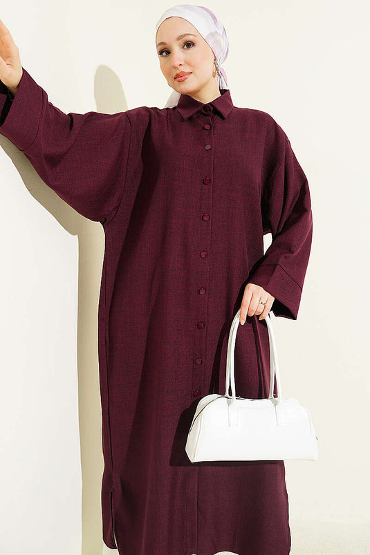 Camicia lunga oversize con maniche larghe color prugna