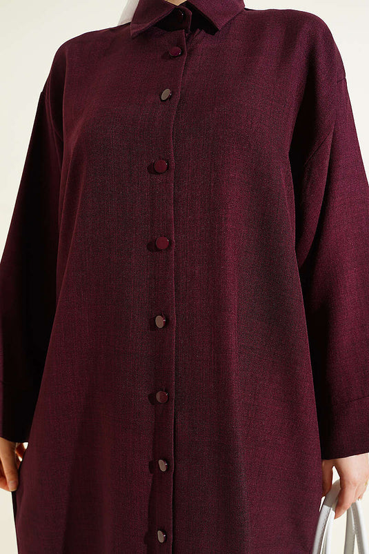 Camicia lunga oversize con maniche larghe color prugna