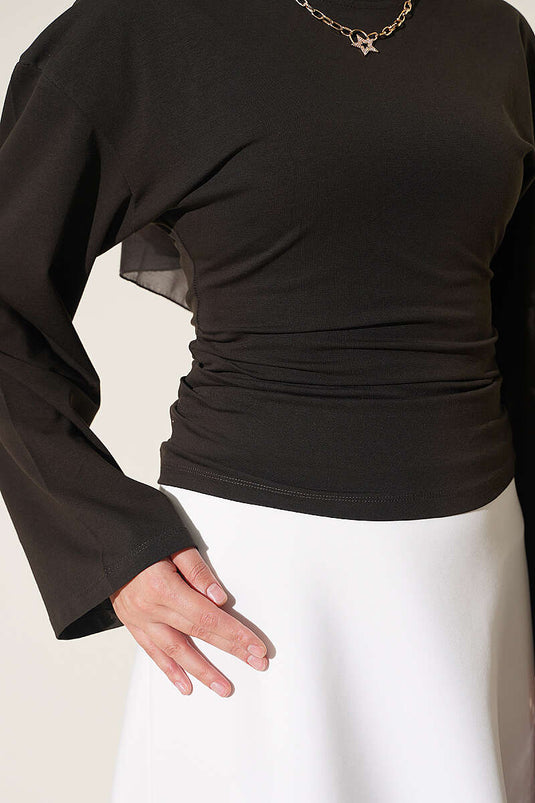 Blusa Con Maniche Ampie E Ruches Laterali In Marrone Caldo