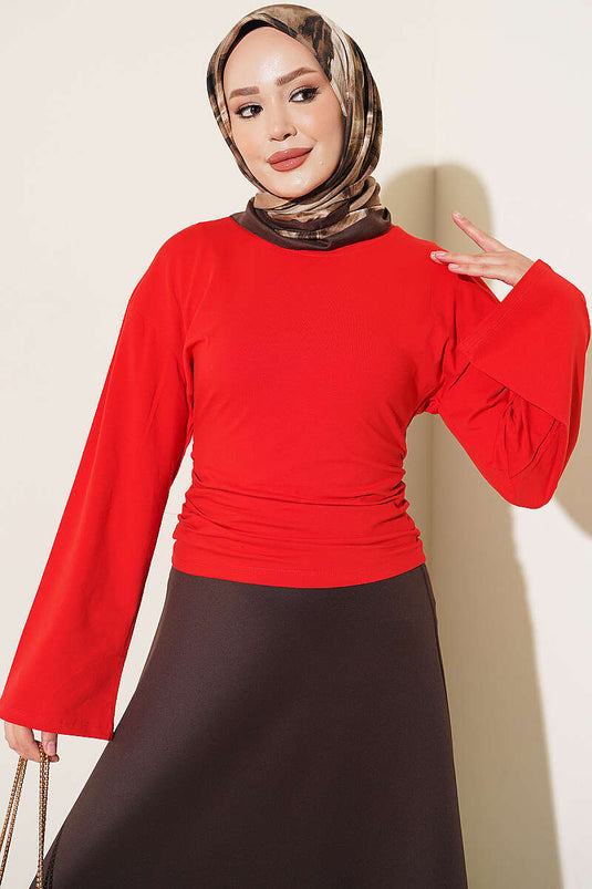 Blusa Rossa Con Maniche Ampie E Ruches Laterali