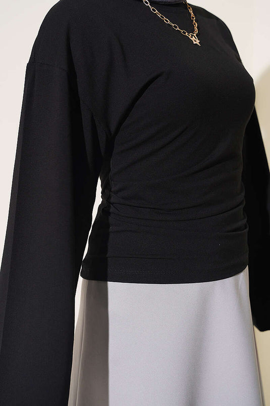 Blusa Nera Con Maniche Ampie E Pannelli Laterali