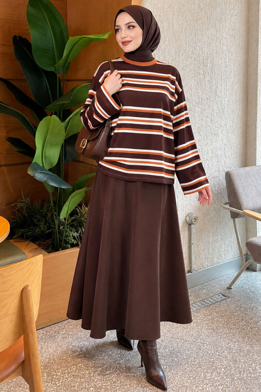 Blouse À Manches Larges Rayures Horizontales En Châtaigne