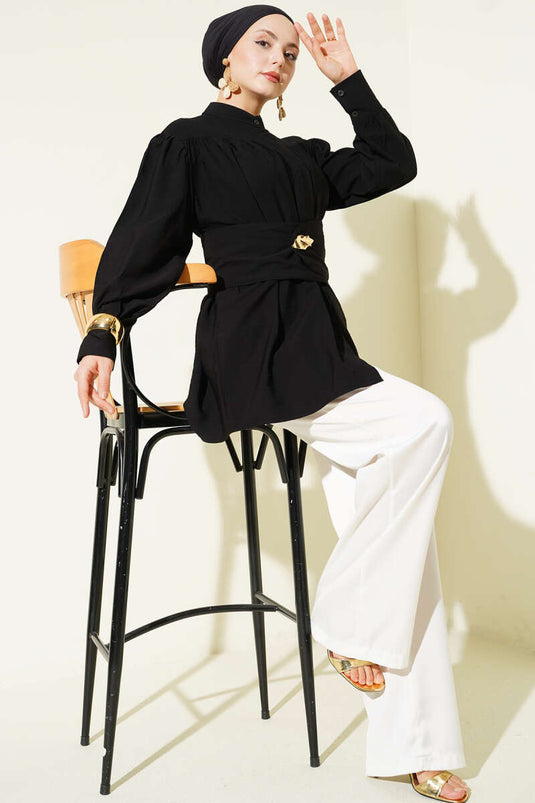 Shirt with Wide Belt and Drawstring Black