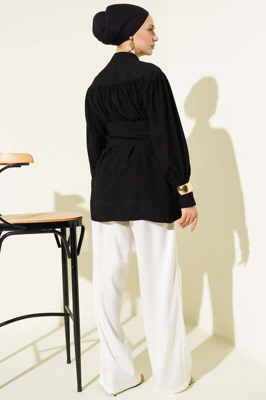 Shirt with Wide Belt and Drawstring Black