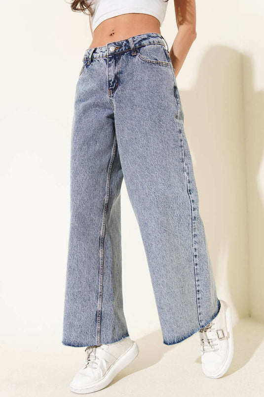 Wide Laser-Cut Hem Denim Pants Denim Blue