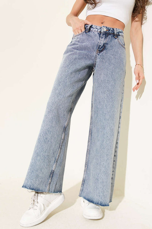 Wide Laser-Cut Hem Denim Pants Denim Blue
