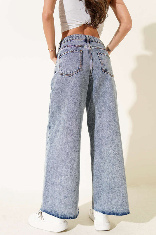 Wide Laser-Cut Hem Denim Pants Denim Blue
