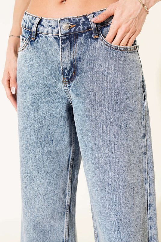 Wide Laser-Cut Hem Denim Pants Denim Blue