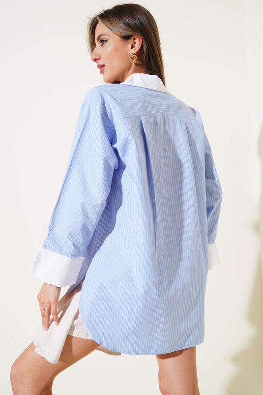 Wide Cuffed Thin Striped Shirt Baby Blue