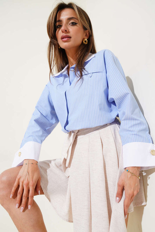 Wide Cuffed Thin Striped Shirt Baby Blue