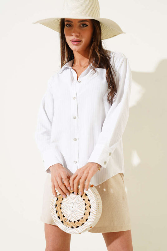 Wide Cuffed Pinstripe Shirt Blue