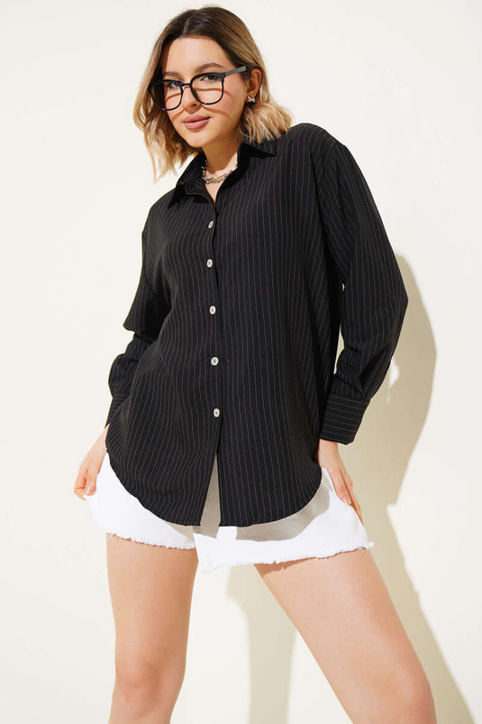 Wide Cuffed Pinstripe Shirt Black Striped