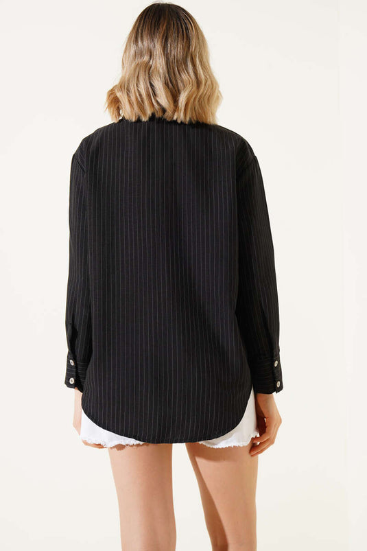 Wide Cuffed Pinstripe Shirt Black Striped